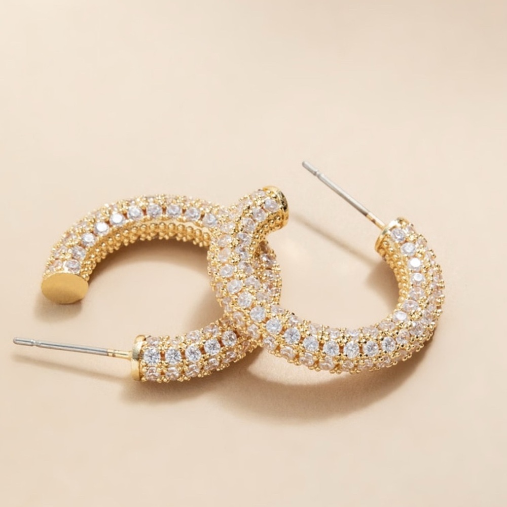 New Francesca’s Samantha Pave Thick Hoop Gold Tone Elegant Earrings - Picture 3 of 6